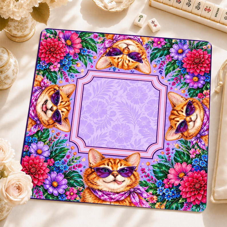 Lavender & Pink Floral Cat Mahjong Mat, Whimsical Kitty Game Mat, Non-slip Table Cover