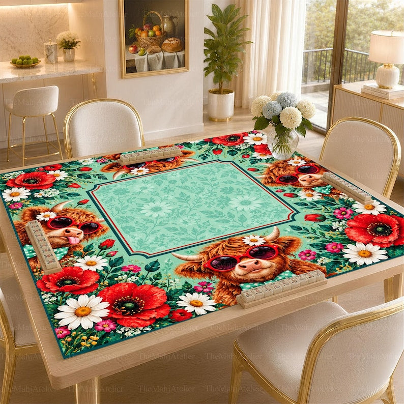 Mint Green Highland Cow Mahjong Mat, Red Poppy Floral Game Mat, Non-slip Table Cover
