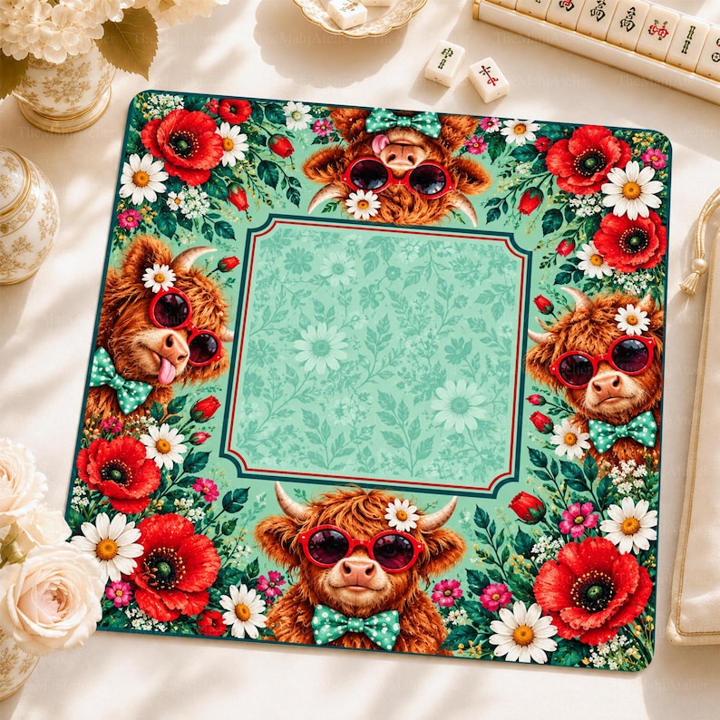 Mint Green Highland Cow Mahjong Mat, Red Poppy Floral Game Mat, Non-slip Table Cover