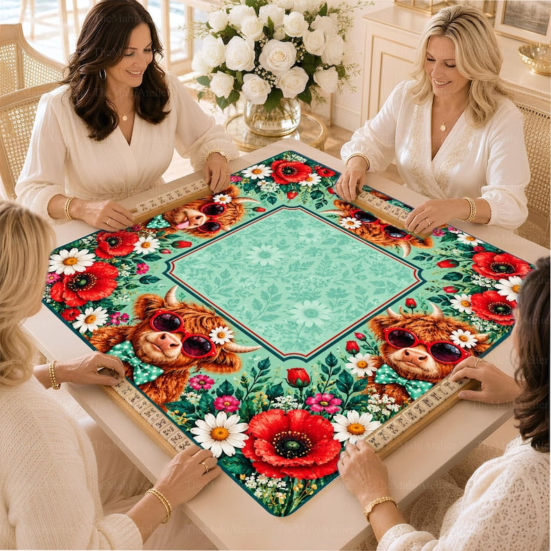 Mint Green Highland Cow Mahjong Mat, Red Poppy Floral Game Mat, Non-slip Table Cover