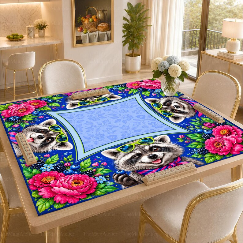 Cobalt Blue Raccoon Mahjong Mat, Hot Pink Floral Game Mat, Non-slip Table Cover