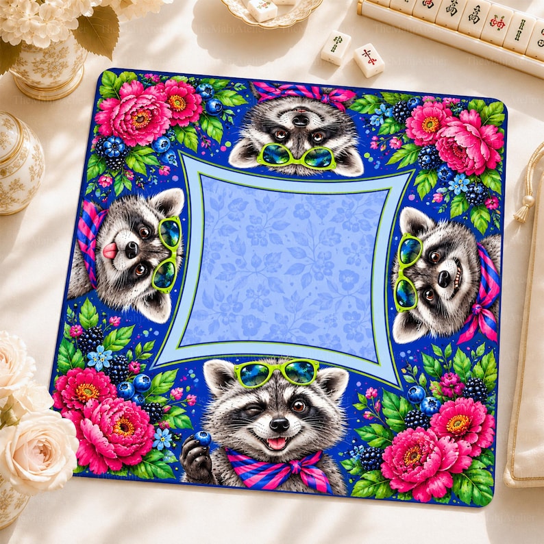 Cobalt Blue Raccoon Mahjong Mat, Hot Pink Floral Game Mat, Non-slip Table Cover