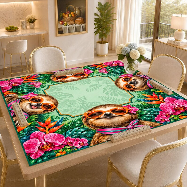 Mint Green Tropical Sloth Mahjong Mat, Pink Orchid Floral Game Mat, Non-slip Table Cover
