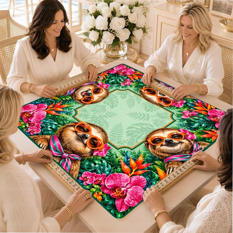 Mint Green Tropical Sloth Mahjong Mat, Pink Orchid Floral Game Mat, Non-slip Table Cover