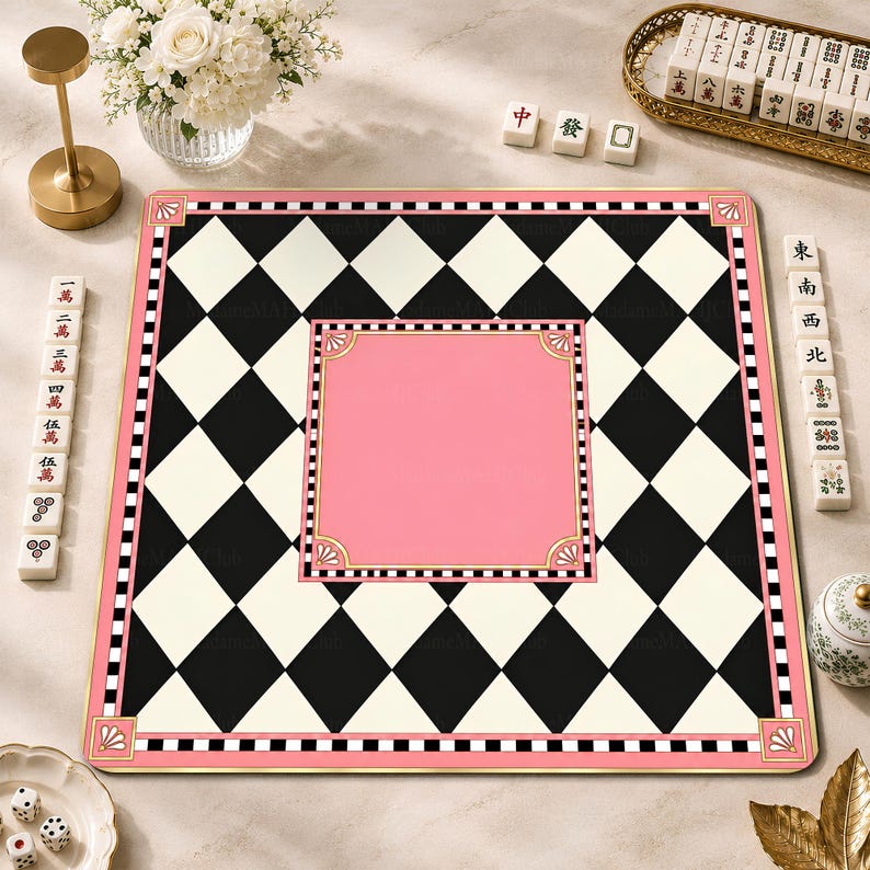 Pink & Black Harlequin Checkerboard Mahjong Mat, Preppy Geometric Game Mat, Non-slip Table Cover