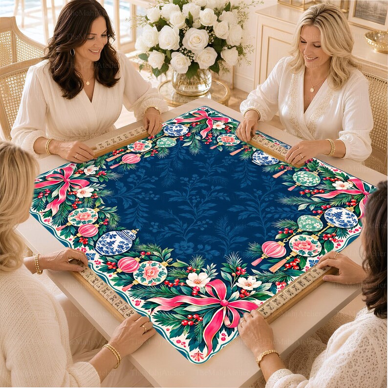 Navy Blue Chinoiserie Christmas Mahjong Mat, Pink Bow & Porcelain Ornament Game Mat, Non-slip Table Cover
