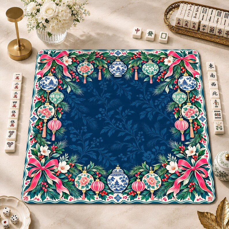 Navy Blue Chinoiserie Christmas Mahjong Mat, Pink Bow & Porcelain Ornament Game Mat, Non-slip Table Cover