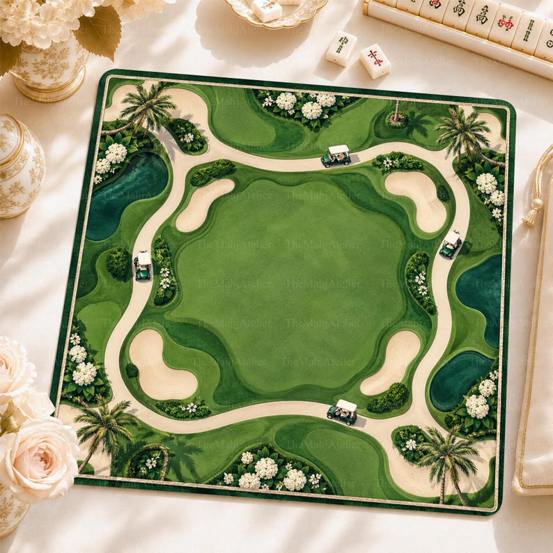 Forest Green Golf Course Mahjong Mat, Country Club Golf Game Mat, Non-slip Table Cover