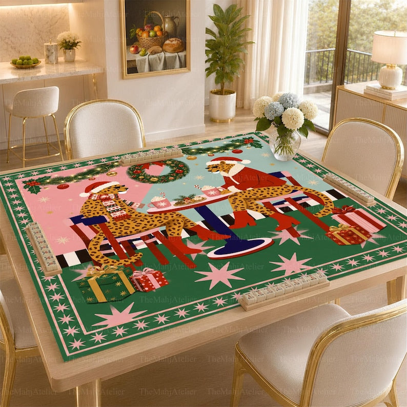 Pink & Green Christmas Leopard Mahjong Mat, Retro Holiday Cafe Game Mat, Non-slip Table Cover