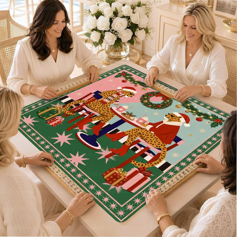 Pink & Green Christmas Leopard Mahjong Mat, Retro Holiday Cafe Game Mat, Non-slip Table Cover