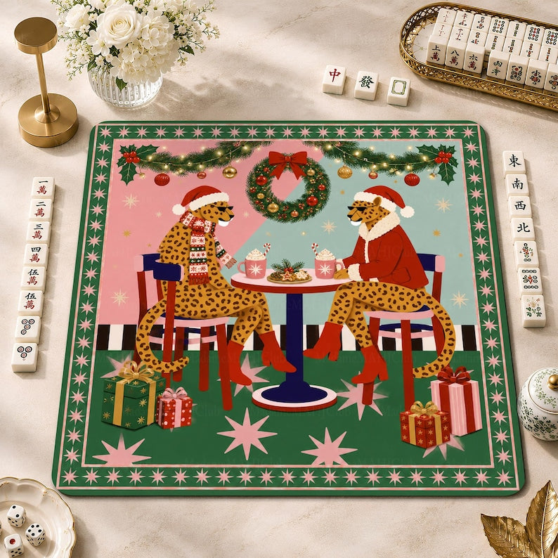 Pink & Green Christmas Leopard Mahjong Mat, Retro Holiday Cafe Game Mat, Non-slip Table Cover