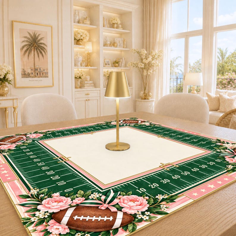 Preppy Football Mahjong Mat, Pink Floral Gridiron Game Mat, Football Lover Gift, Non-slip Table Cover