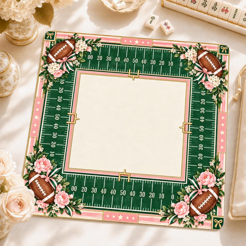 Preppy Football Mahjong Mat, Pink Floral Gridiron Game Mat, Football Lover Gift, Non-slip Table Cover