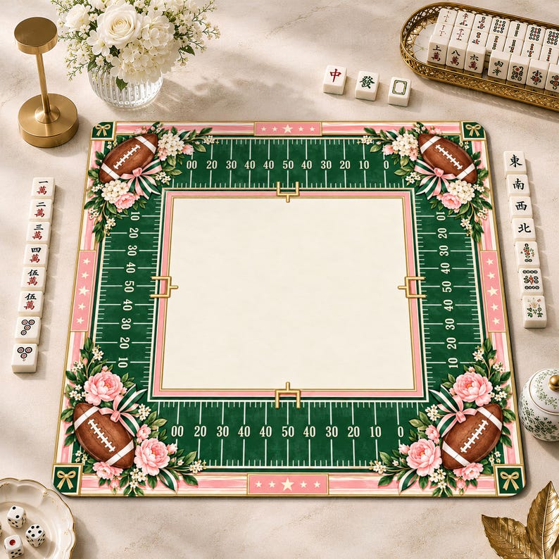 Preppy Football Mahjong Mat, Pink Floral Gridiron Game Mat, Football Lover Gift, Non-slip Table Cover