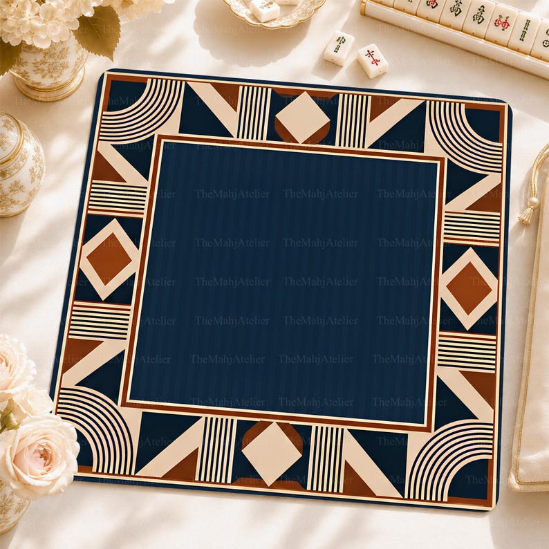 Art Deco Navy Mahjong Mat,  Brown Cream Geometric Game Mat, Retro Glam Game Night