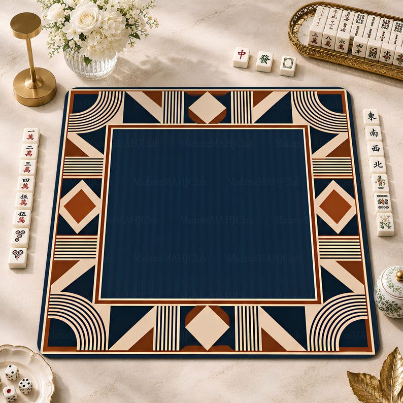Art Deco Navy Mahjong Mat,  Brown Cream Geometric Game Mat, Retro Glam Game Night