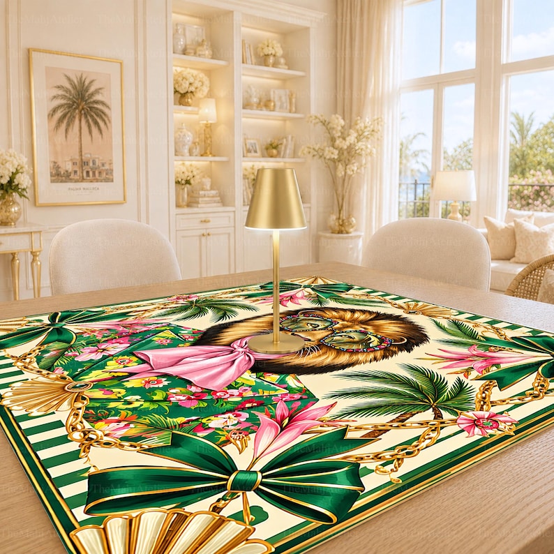 Tropical Lion Mahjong Mat, Green Floral Safari Game Mat, Bold Preppy Game Night