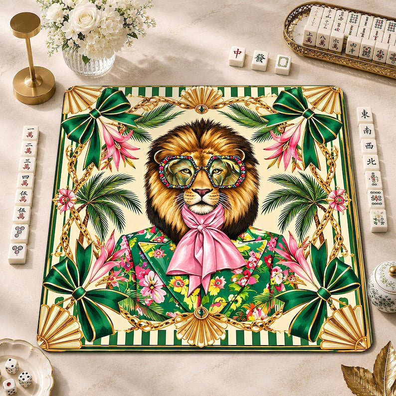 Tropical Lion Mahjong Mat, Green Floral Safari Game Mat, Bold Preppy Game Night