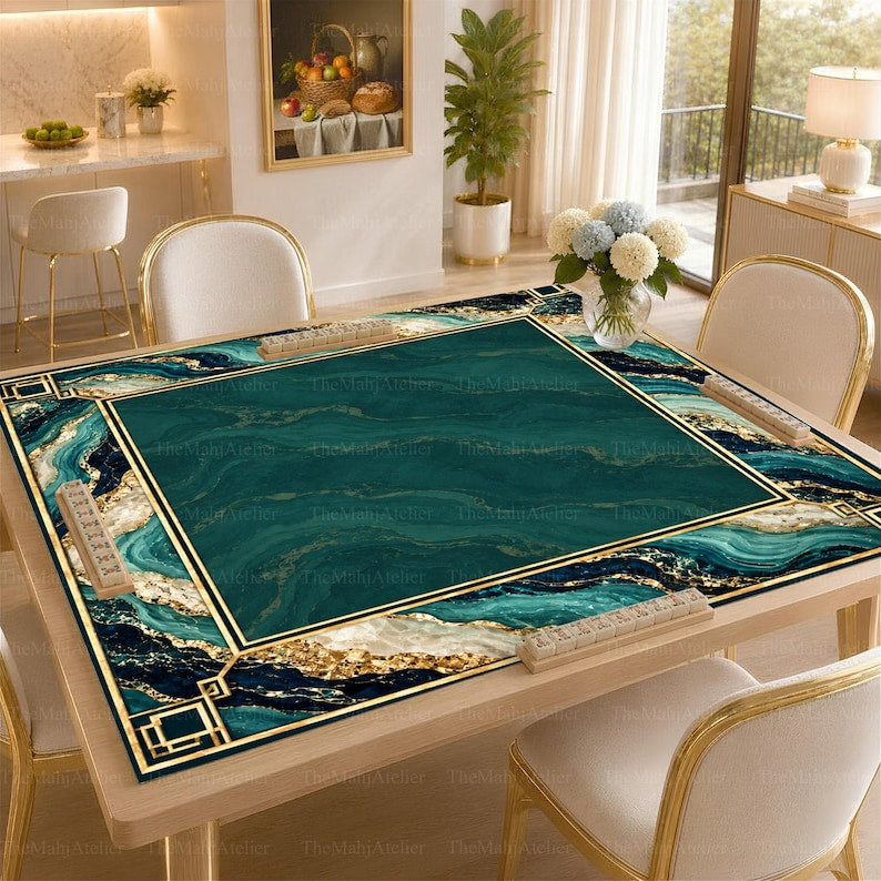 Emerald Marble Mahjong Mat, Green Gold Luxury Game Mat, Elegant Modern Game Night