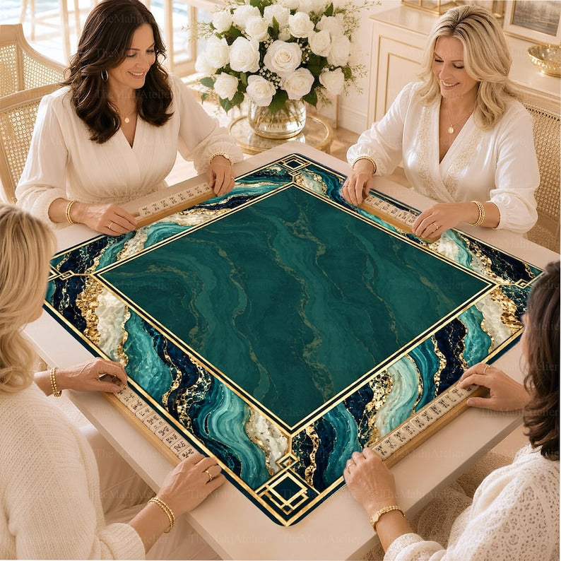 Emerald Marble Mahjong Mat, Green Gold Luxury Game Mat, Elegant Modern Game Night