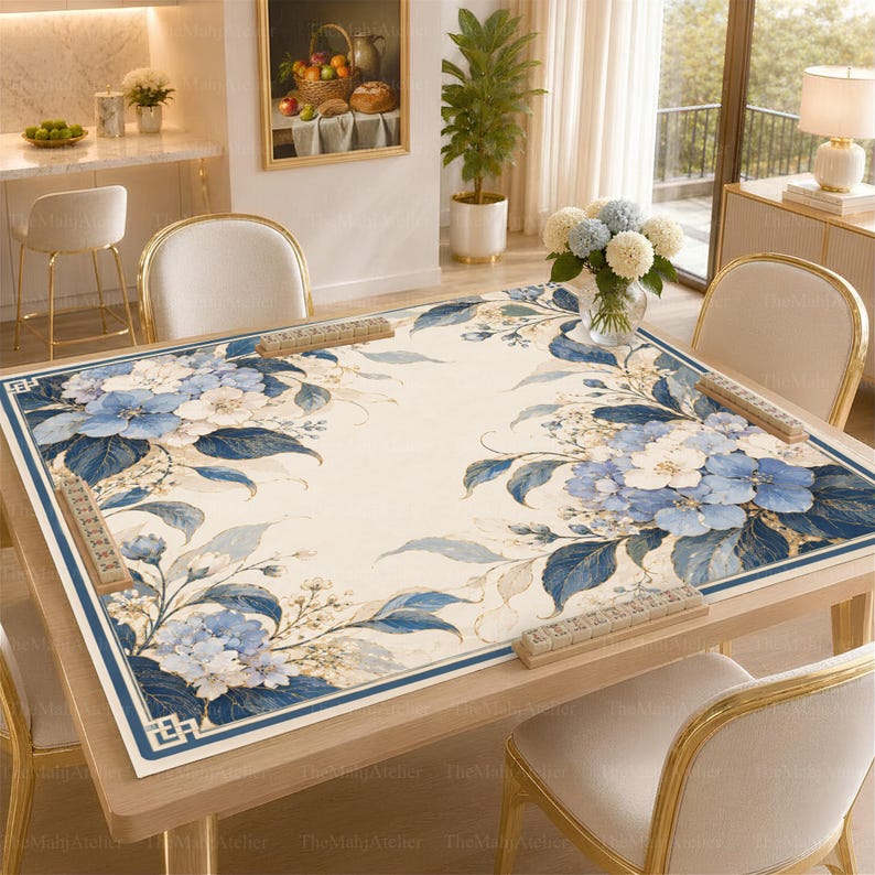 Blue Hydrangea Mahjong Mat, Floral Game Mat, Ivory Botanical Game Night, Non-slip Table Cover
