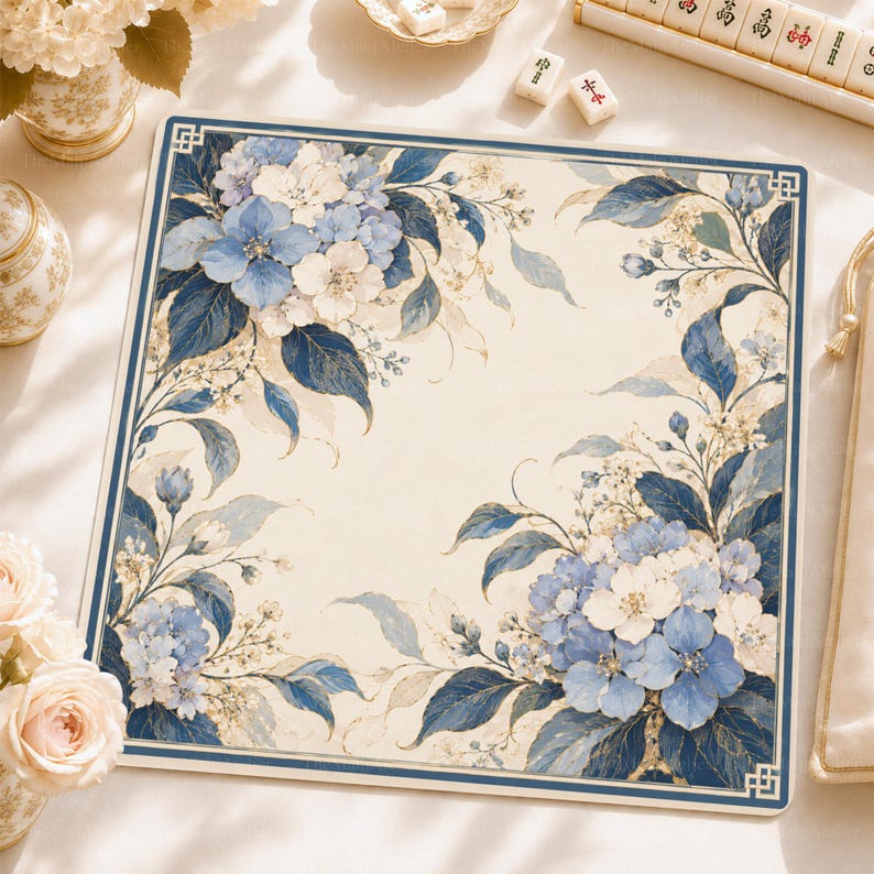 Blue Hydrangea Mahjong Mat, Floral Game Mat, Ivory Botanical Game Night, Non-slip Table Cover
