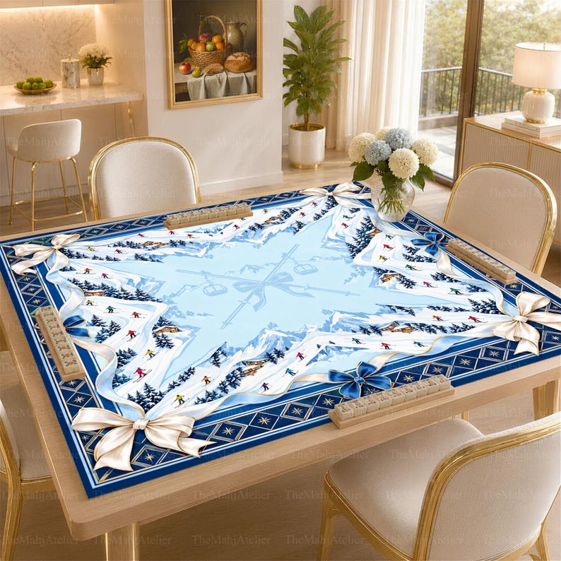 Après Ski Mahjong Mat, Blue White Alpine Game Mat, Mountain Winter Game Night