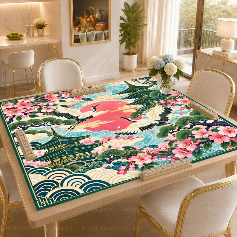 Japanese Crane Mahjong Mat, Cherry Blossom Pagoda Game Mat, Asian Garden Game Night