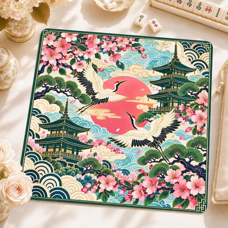 Japanese Crane Mahjong Mat, Cherry Blossom Pagoda Game Mat, Asian Garden Game Night