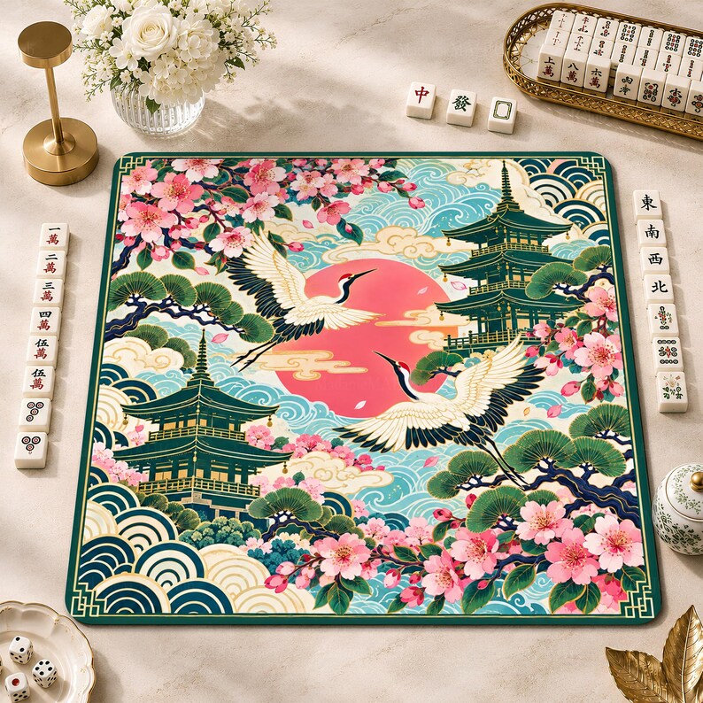 Japanese Crane Mahjong Mat, Cherry Blossom Pagoda Game Mat, Asian Garden Game Night