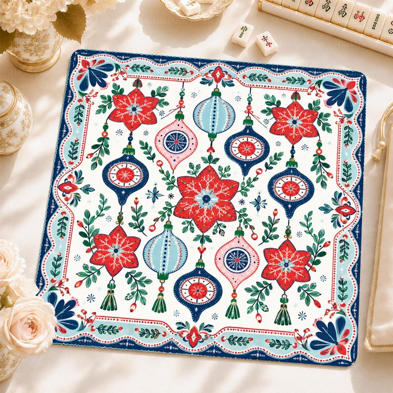 Nordic Folk Art Baubles & Poinsettias Mahjong Mat, Festive Christmas Game Mat