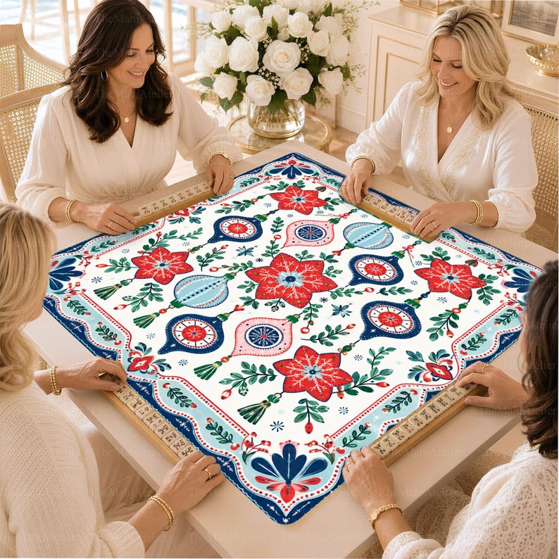 Nordic Folk Art Baubles & Poinsettias Mahjong Mat, Festive Christmas Game Mat