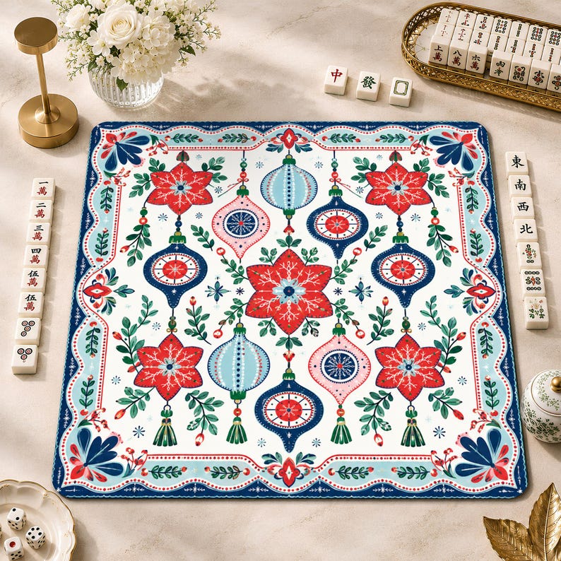 Nordic Folk Art Baubles & Poinsettias Mahjong Mat, Festive Christmas Game Mat