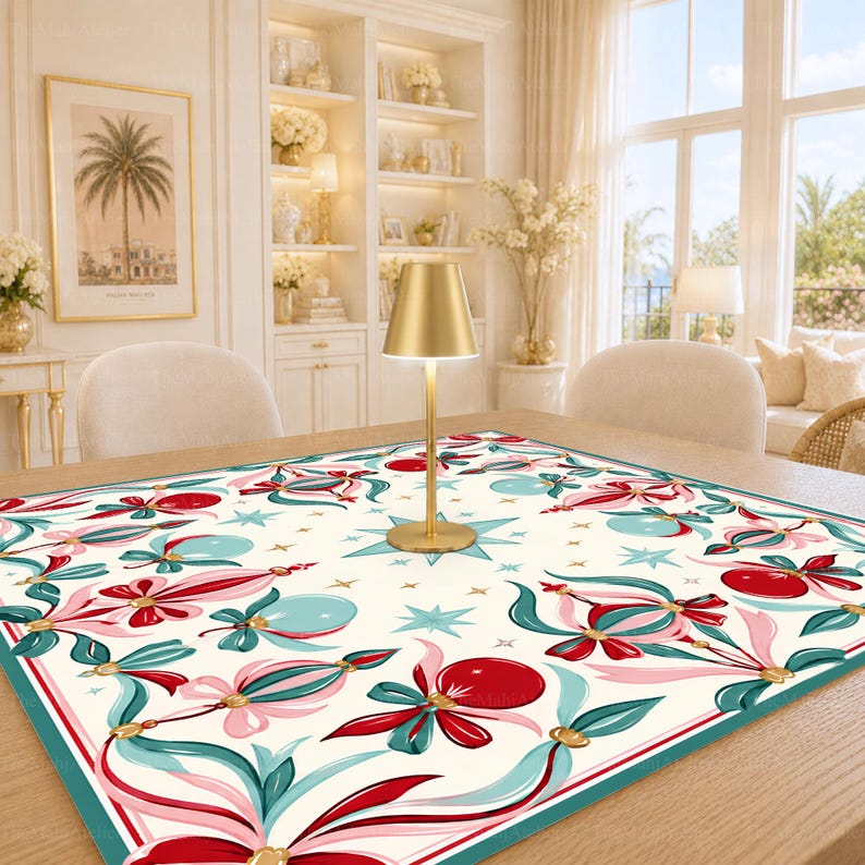 Coquette Ribbon & Glass Baubles Mahjong Mat, Vintage Pastel Christmas Bow Game Mat