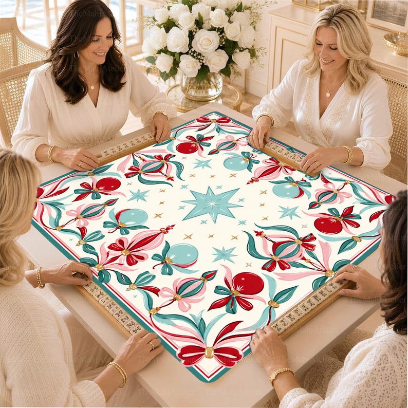 Coquette Ribbon & Glass Baubles Mahjong Mat, Vintage Pastel Christmas Bow Game Mat