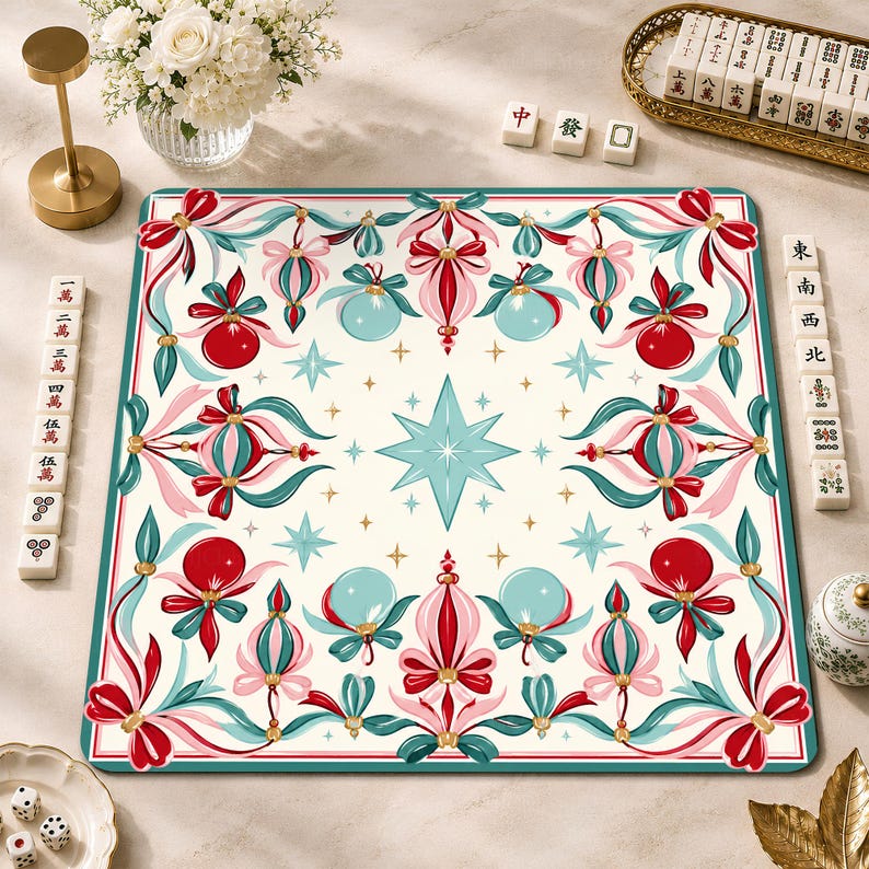 Coquette Ribbon & Glass Baubles Mahjong Mat, Vintage Pastel Christmas Bow Game Mat