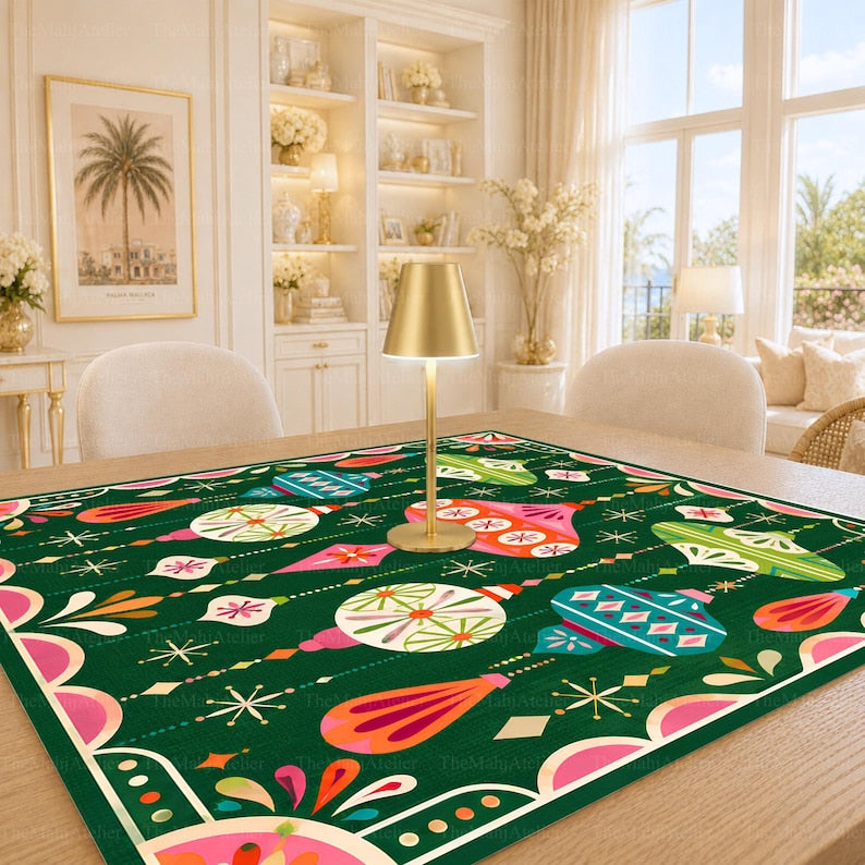 Retro Atomic Christmas Ornaments Mahjong Mat, Mid-Century Modern Bauble Game Mat