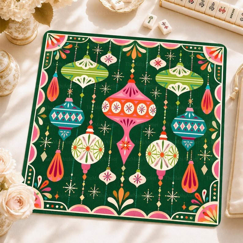 Retro Atomic Christmas Ornaments Mahjong Mat, Mid-Century Modern Bauble Game Mat