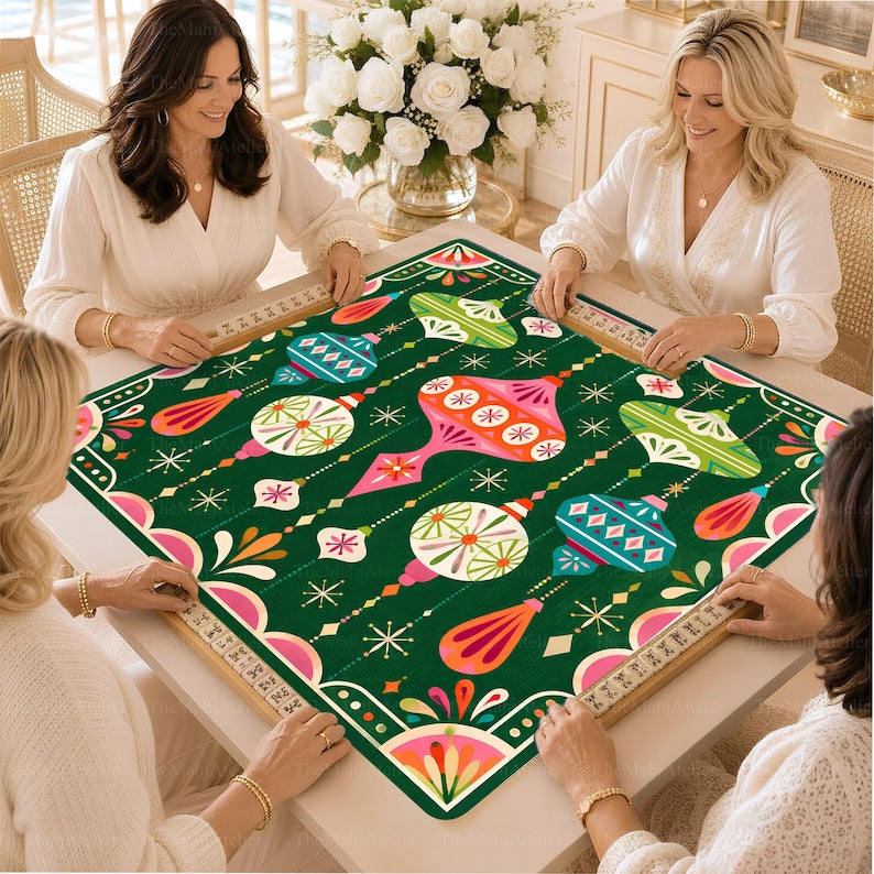 Retro Atomic Christmas Ornaments Mahjong Mat, Mid-Century Modern Bauble Game Mat