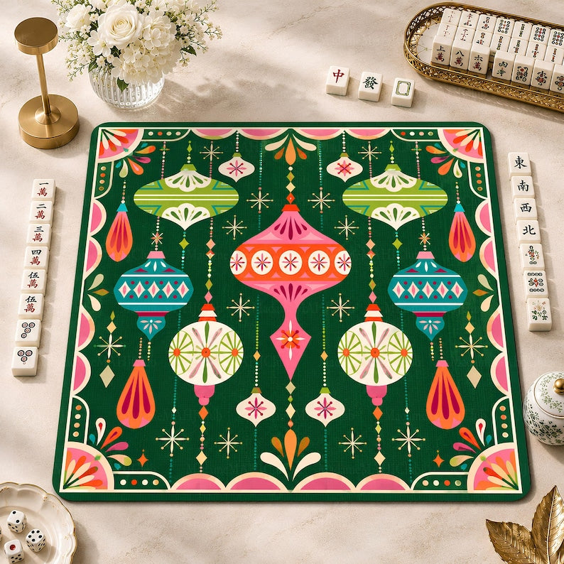 Retro Atomic Christmas Ornaments Mahjong Mat, Mid-Century Modern Bauble Game Mat