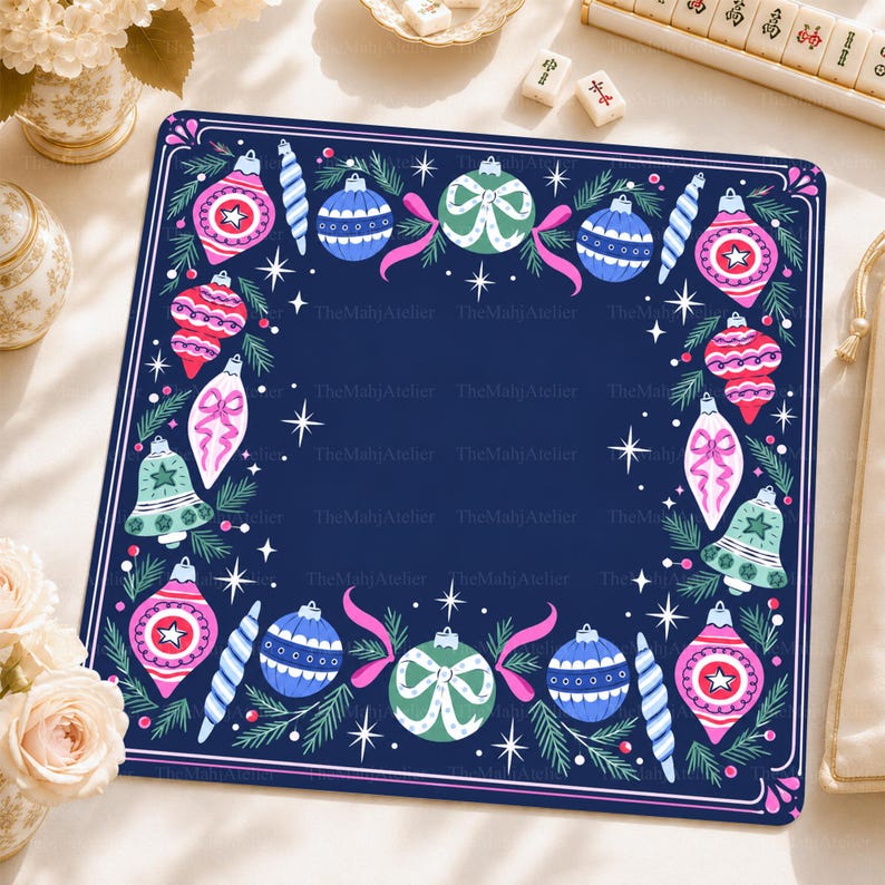 Midnight Navy Vintage Bauble Border Mahjong Mat, Pink Ribbon Christmas Game Mat