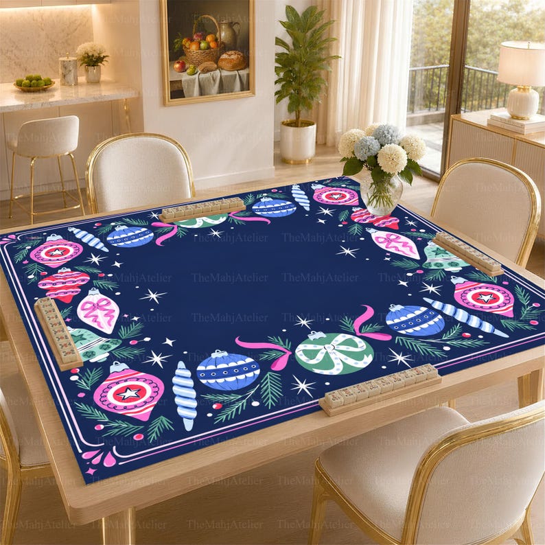 Midnight Navy Vintage Bauble Border Mahjong Mat, Pink Ribbon Christmas Game Mat