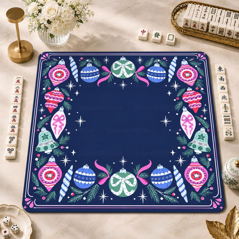 Midnight Navy Vintage Bauble Border Mahjong Mat, Pink Ribbon Christmas Game Mat