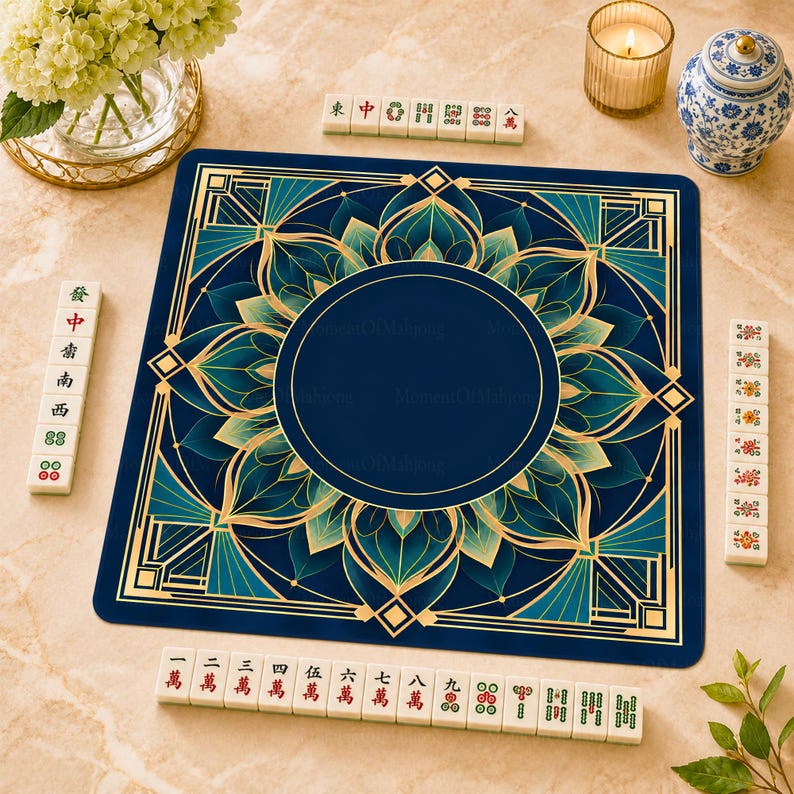 Art Deco Lotus Mahjong Mat, Luxury American Mahjong Game Mat, Navy Gold Geometric Floral Non Slip Table Cover
