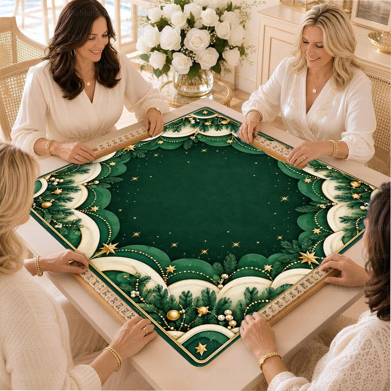 Emerald Art Deco Golden Stars Mahjong Mat, Layered Pine Christmas Garland Game Mat, Non-slip Table Cover