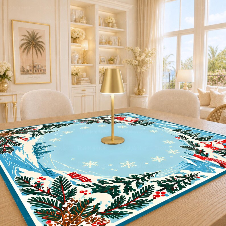 Storybook Snowy Village & Red Chapel Mahjong Mat, Icy Blue Winter Landscape Game Mat