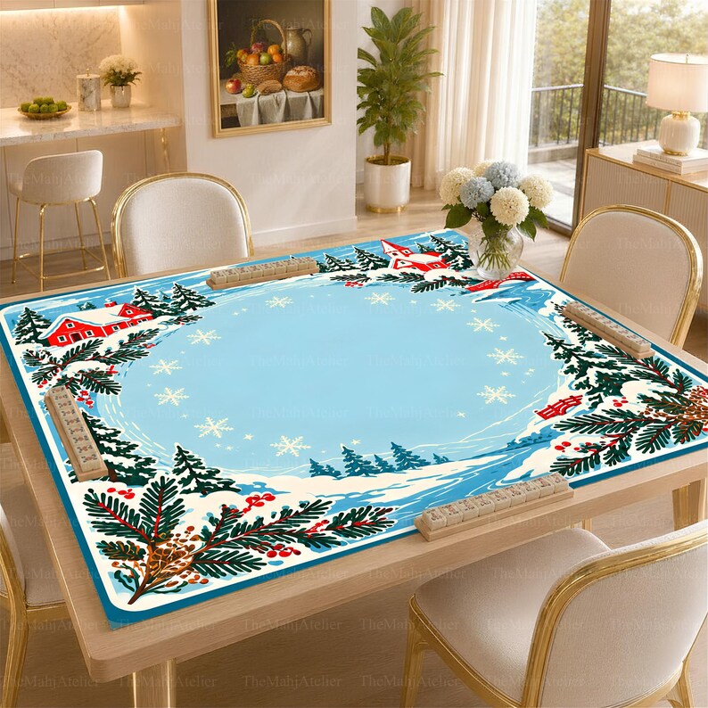 Storybook Snowy Village & Red Chapel Mahjong Mat, Icy Blue Winter Landscape Game Mat