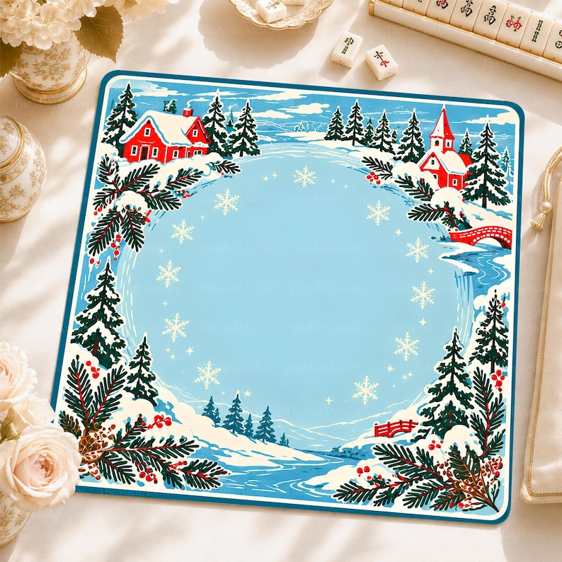 Storybook Snowy Village & Red Chapel Mahjong Mat, Icy Blue Winter Landscape Game Mat