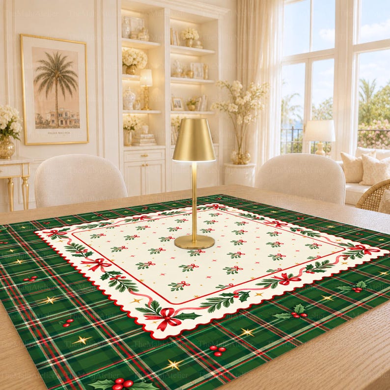 Scalloped Tartan & Mistletoe Mahjong Mat, Heritage Holly Berry Christmas Game Mat, Non-slip Table Cover
