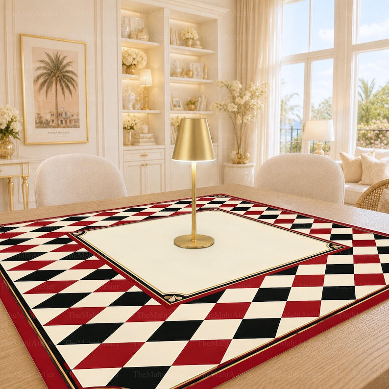 Vintage Red Harlequin Mahjong Mat, Black & Ivory Diamond Check Game Mat, Chic Art Deco Mahjong Gift